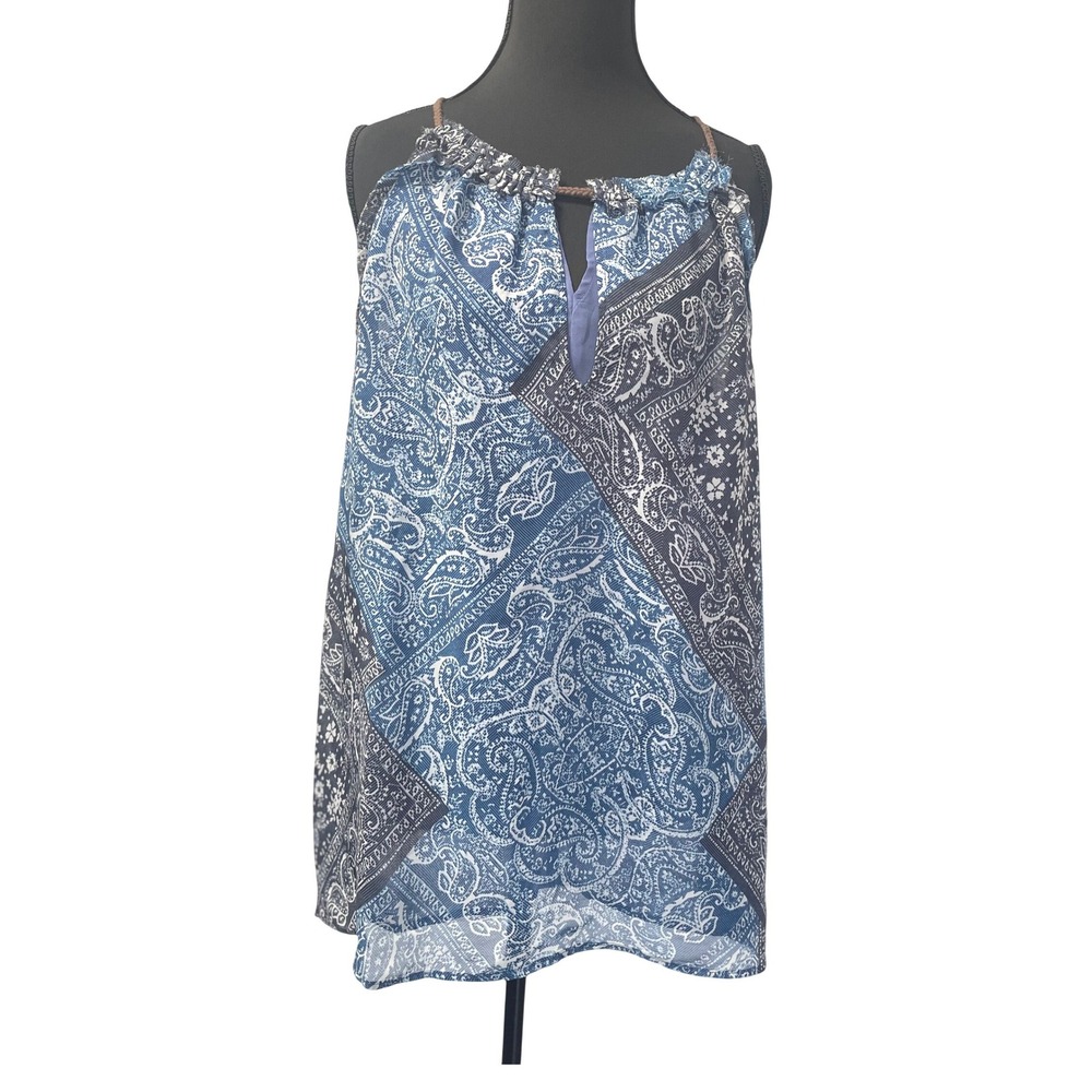 MNG Mango Casual Halter Top Women L Blue‎ Paisley Patchwork Boho Sleeveless